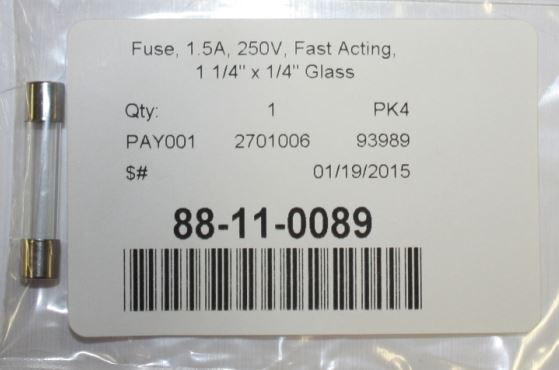 Fuse, 1.5A, 250V, Fast Acting, 1 1/4' x 1/4" Glass